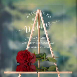 Elegante rote Rose weiße Text Hochzeitsbegrüßung Acrylschild