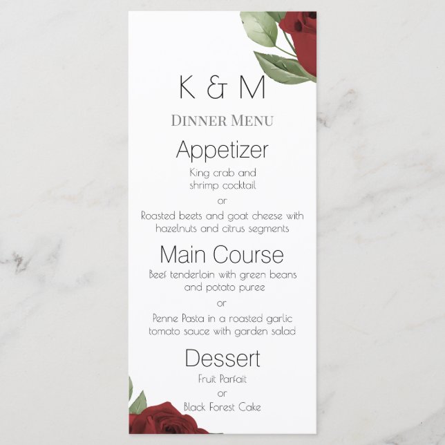 Elegante Rote Rosen auf Weiß Menükarte (Vorderseite)