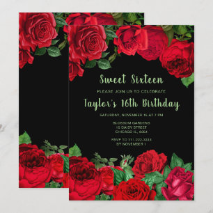 Elegante rote Rosen Blumen Sweet Sixteen Einladung