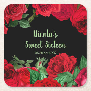 Elegante rote Rosen Blumen Sweet Sixteen Rechteckiger Pappuntersetzer