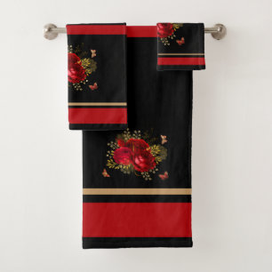 Elegante Rote Rosen Butterfly Gold Black Badhandtuch Set