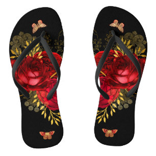Elegante Rote Rosen Butterfly Gold Flip Flops