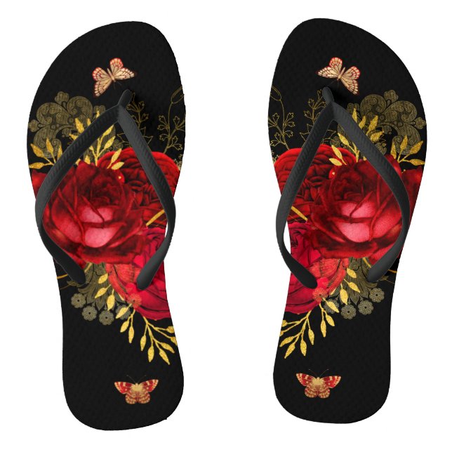 Elegante Rote Rosen Butterfly Gold Flip Flops (Fußbett)