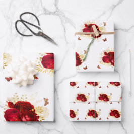 Elegante Rote Rosen Butterfly Gold Geschenkpapier Set