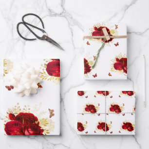 Elegante Rote Rosen Butterfly Gold Geschenkpapier Set