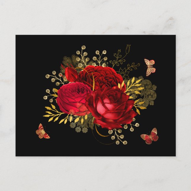 Elegante Rote Rosen Butterfly Gold Postkarte (Vorderseite)