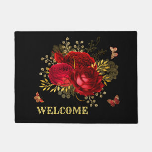 Elegante Rote Rosen Butterfly Gold Willkommen Fußmatte