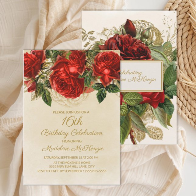 Elegante Rote Rosen Champagne 16. Geburtstag Einladung (Elegant red roses on cream 16th birthday party invitation)