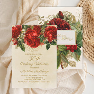 Elegante rote Rosen Champagner 30. Geburtstag Einladung