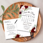 Elegante Rote Rosen, die den Datumskalender speich Ankündigungspostkarte<br><div class="desc">Diese rustikale Hochzeit Save the Date Postcard besticht durch ein elegantes Aquarellblütendesign mit handgemalten Rose in Bordeaux-,  Rot- und Rosatönen. Ein individueller Kalender zeigt den Monat Ihrer Hochzeit mit einem Herz um Ihren besonderen Tag. Modisch,  böhmisch und chic,  diese Karte ist sicher zu gefallen.</div>