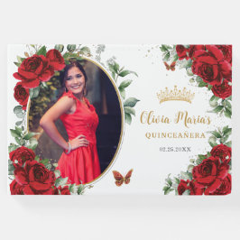 Elegante Rote Rosen Floral Gold Quinceanera Foto Gästebuch
