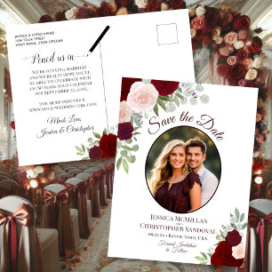 Elegante Rote Rosen & Foto Hochzeit Sichern Sie da Ankündigungspostkarte