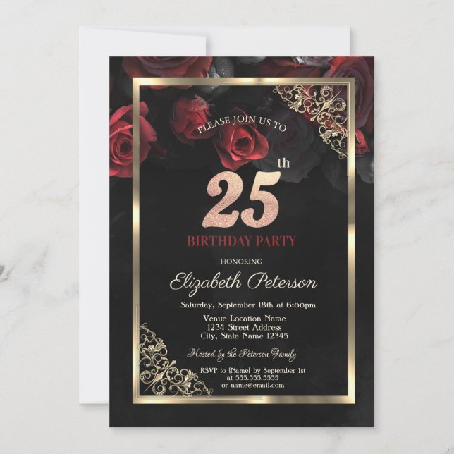 Elegante Rote Rosen Frame Black 25. Geburtstag Einladung (Vorderseite)