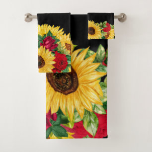 Elegante rote Rosen gelbe Sonnenblumen Schwarz Badhandtuch Set