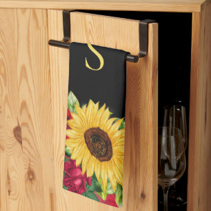 Elegante Rote Rosen Gelbe Sonnenblumen Schwarzes M Geschirrtuch