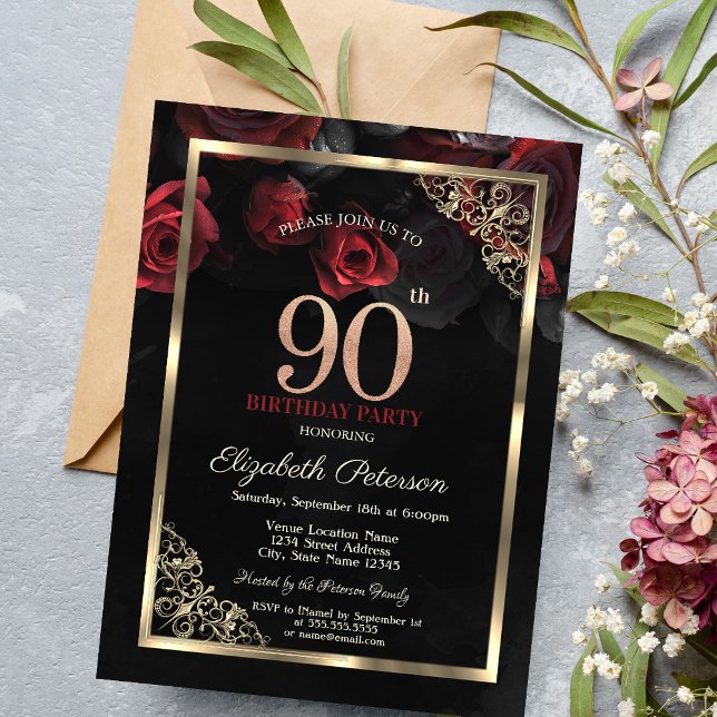 Elegante Rote Rosen gestalten Schwarz zum 90. Gebu Einladung (Von Creator hochgeladen)