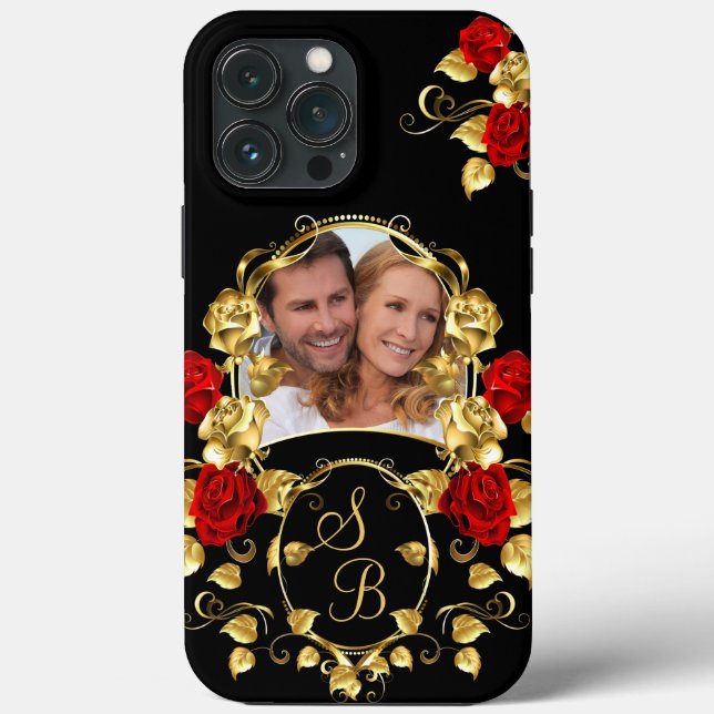 Elegante Rote Rosen Gold Black Foto Monogram Case-Mate iPhone Hülle (Rückseite)