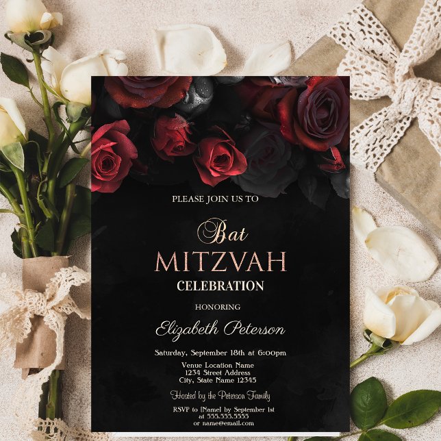 Elegante Rote Rosen Gothic Bat Mitzvah Einladung (Von Creator hochgeladen)
