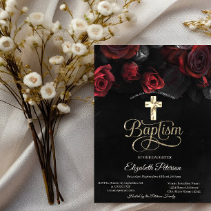 Elegante rote Rosen gothic schwarz Taufe Einladung