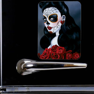 Elegante rote Rosen gothische Zucker-Schädel-Frau Magnet