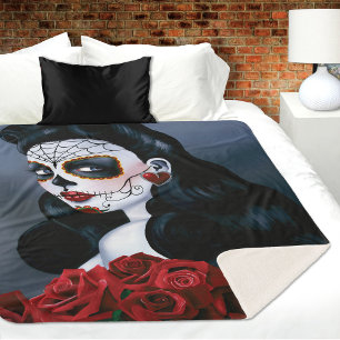 Elegante rote Rosen gotische Zucker-Schädel-Frau Sherpadecke