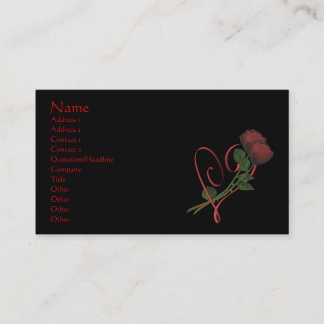 Elegante Rote Rosen Herz auf Black Business Card Visitenkarte (Vorderseite)