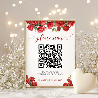 Elegante rote Rosen-Hochzeitsprogramm-QR-Code Poster
