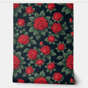Elegante Rote Rosen mit grünen Blätter auf schwarz Tapete