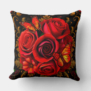 Elegante Rote Rosen mit Schmetterlingen Kissen