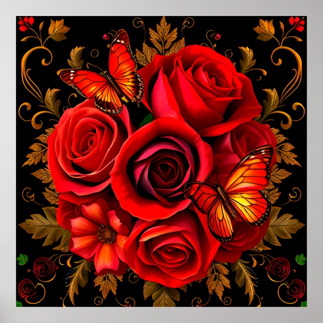Elegante Rote Rosen mit Schmetterlingen Poster (Vorne)