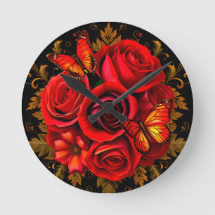 Elegante Rote Rosen mit Schmetterlingen Runde Wanduhr