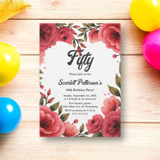 Elegante Rote Rosen Romantische Flora 50. Geburtst Einladung