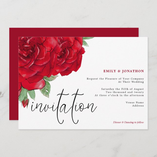 Elegante Rote Rosen Script Typografy Wedding Einladung (Vorne/Hinten)