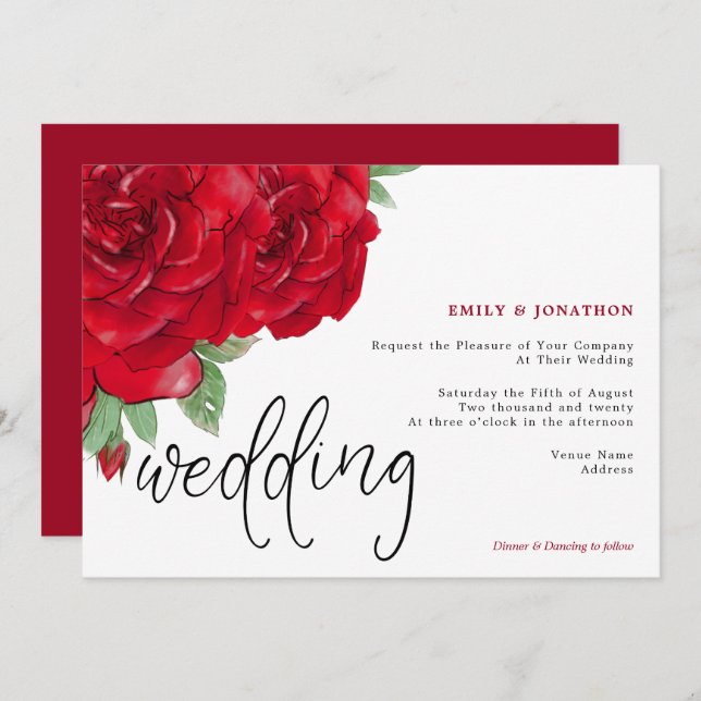 Elegante Rote Rosen Script Typografy Wedding Einladung (Vorne/Hinten)