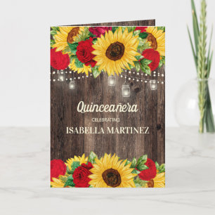 Elegante rote Rosen Sonnenblumen Quinceañera Karte