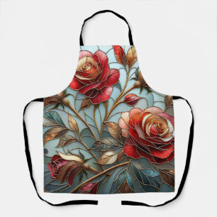 Elegante rote Rosen-Stabglass-Blumen-Goldakzent Schürze