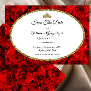 Elegante rote Rosen und goldene Quinceanera Save The Date