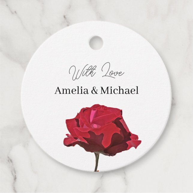 Elegante rote Rosenhochzeit Geschenkanhänger (Vorderseite)