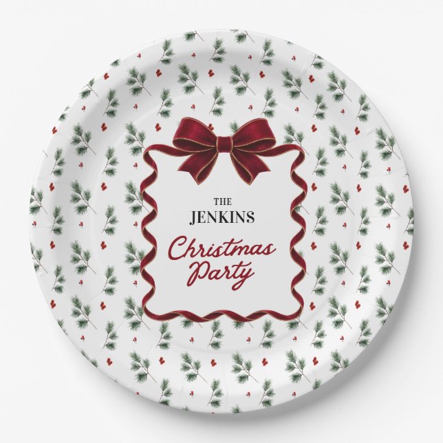 Elegante rote Schleife Weihnachtsfeier Pappteller (Vorderseite)