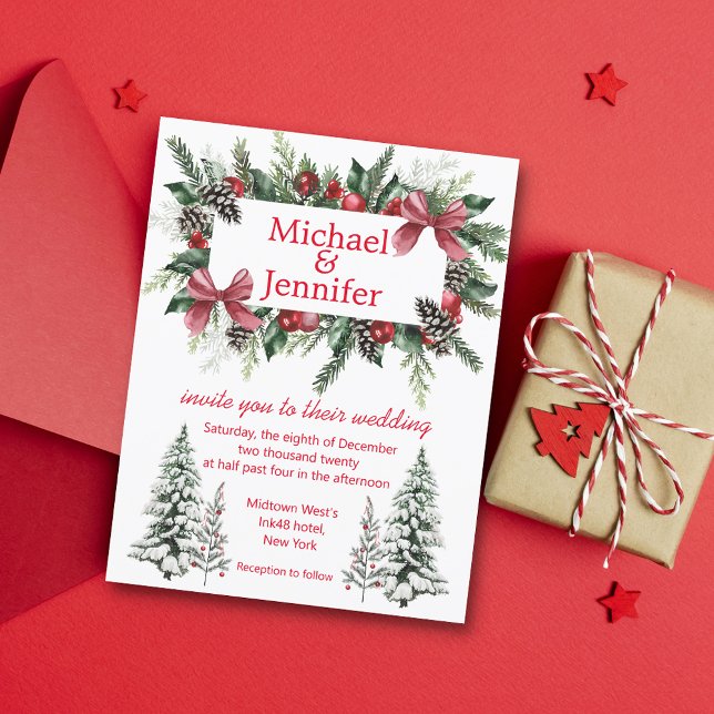 elegante rote Schrift Weihnachtsgrün Hochzeit  Einladung (Von Creator hochgeladen)
