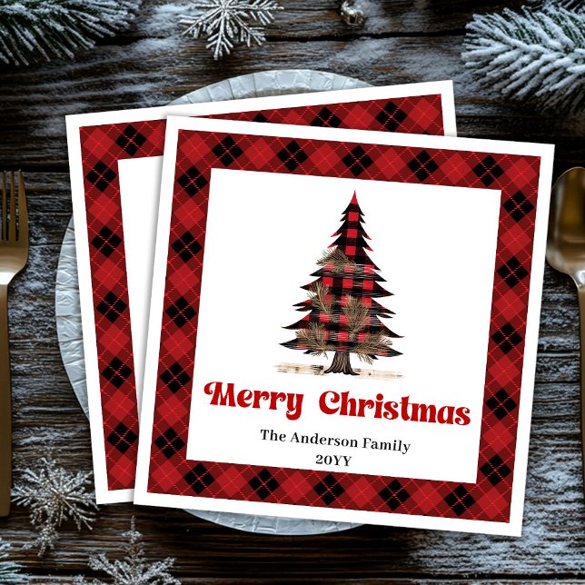 Elegante rote schwarze karierte Servietten mit ind (Elegant red black plaid napkins custom name tag

)