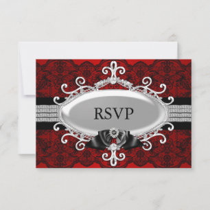 Elegante rote schwarze Spitze & Juwel-Bow RSVP Einladung