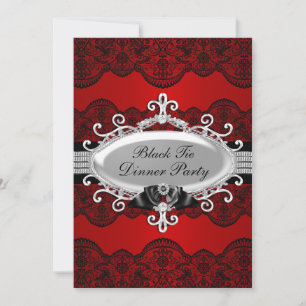 Elegante rote Spitze und schwarze Schleife Dinnerp Einladung