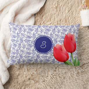 Elegante rote Tulpen Frühlingsblumen blaues Monogr Lendenkissen