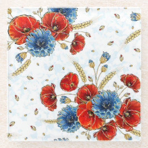 Elegante rote und blaue Erinnerungsmohnblumen Glasuntersetzer