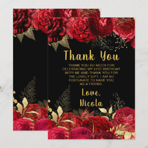 Elegante rote und goldene Blumen Geburtstagsfeier Dankeskarte