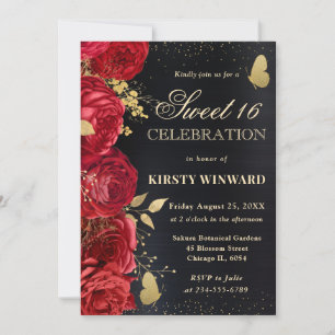 Elegante rote und goldene Blumen Sweet Sixteen Einladung