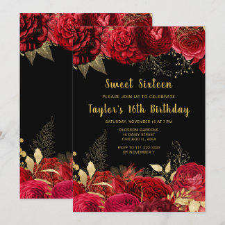 Elegante rote und goldene Blumen Sweet Sixteen Einladung