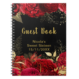 Elegante rote und goldene Blumen Sweet Sixteen Notizblock