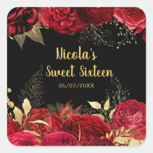 Elegante rote und goldene Blumen Sweet Sixteen  Quadratischer Aufkleber